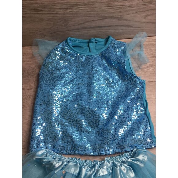 Kids Blue Sequin Glittery Tulle Dress With Ruffle Sleeves - Back Velcro Closure - Picture 2 of 10